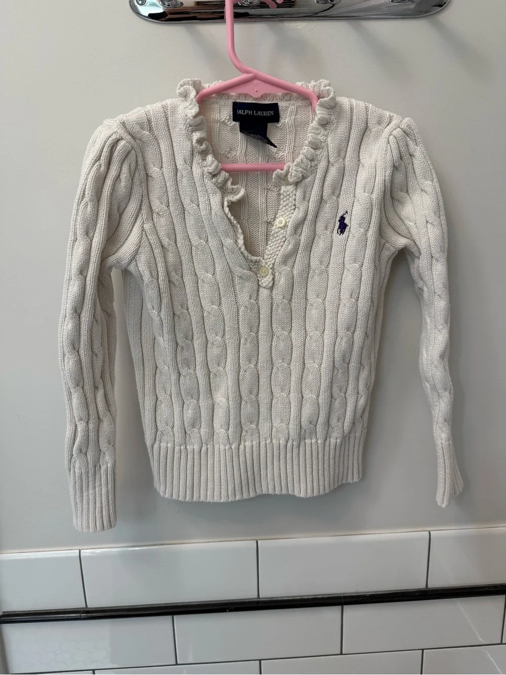 Ralph Lauren Cream Cable-Knit Ruffle V-Neck Sweater with Purple Pony